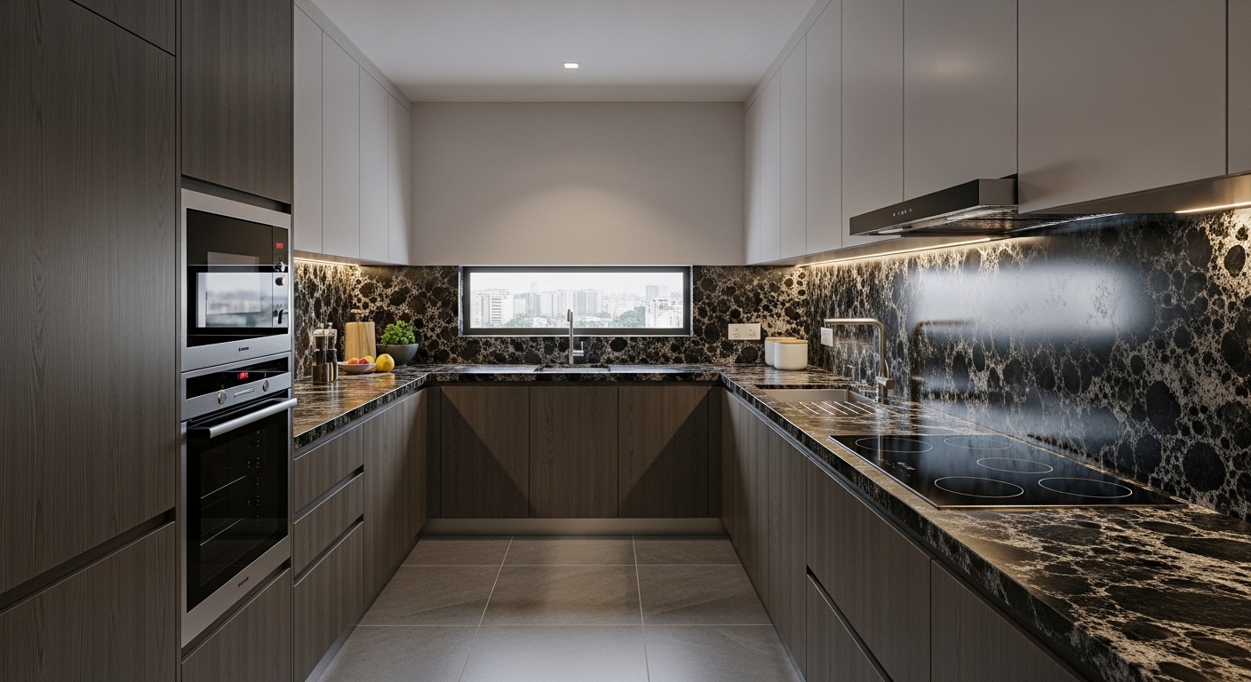 Dark Patterned Parallel Stylish Kitchen