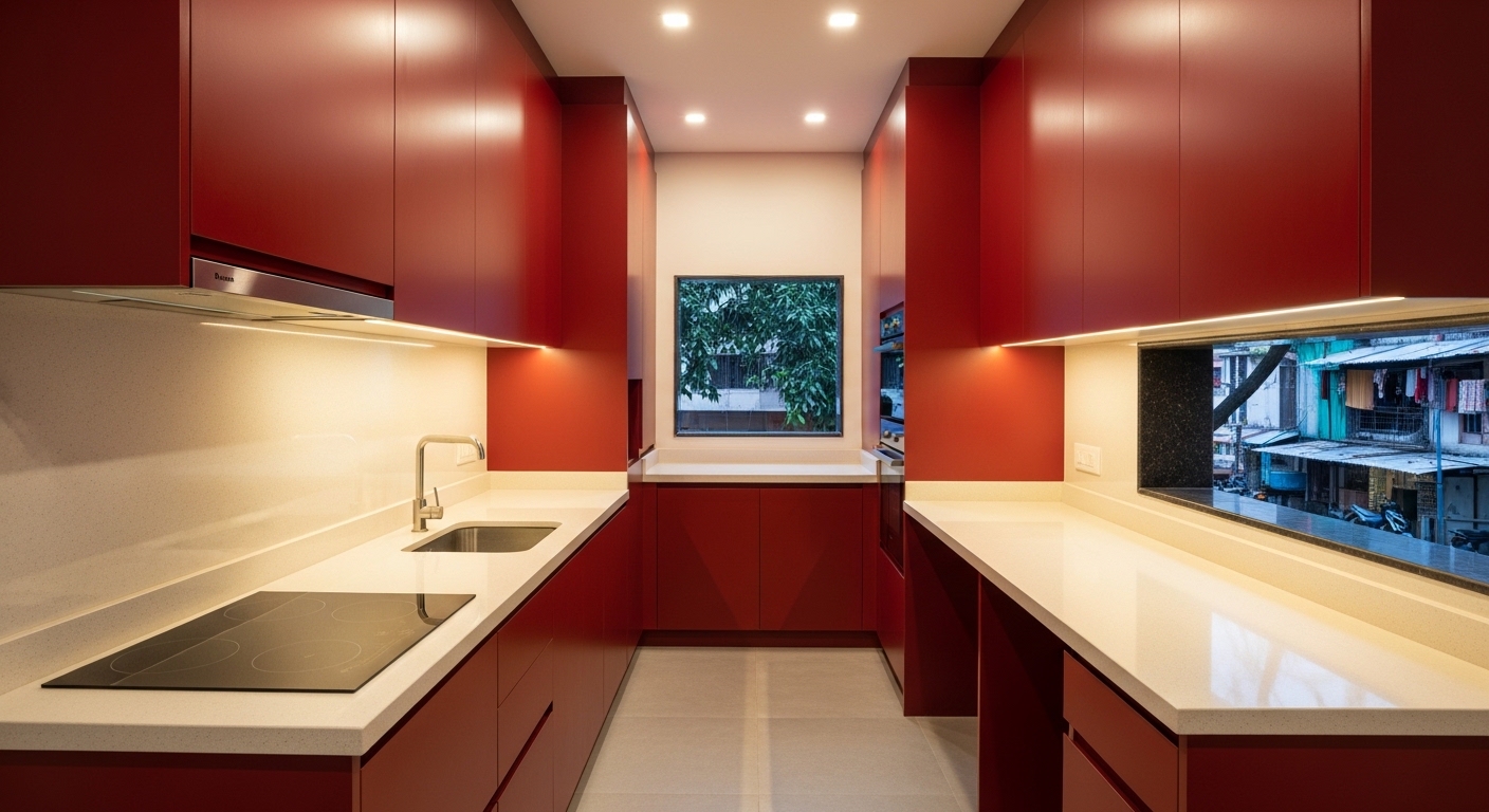 Wine Red Parallel Kitchen Interior With Separate Countertop