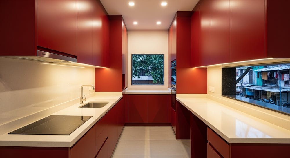 Wine Red Parallel Kitchen Interior With Separate Countertop