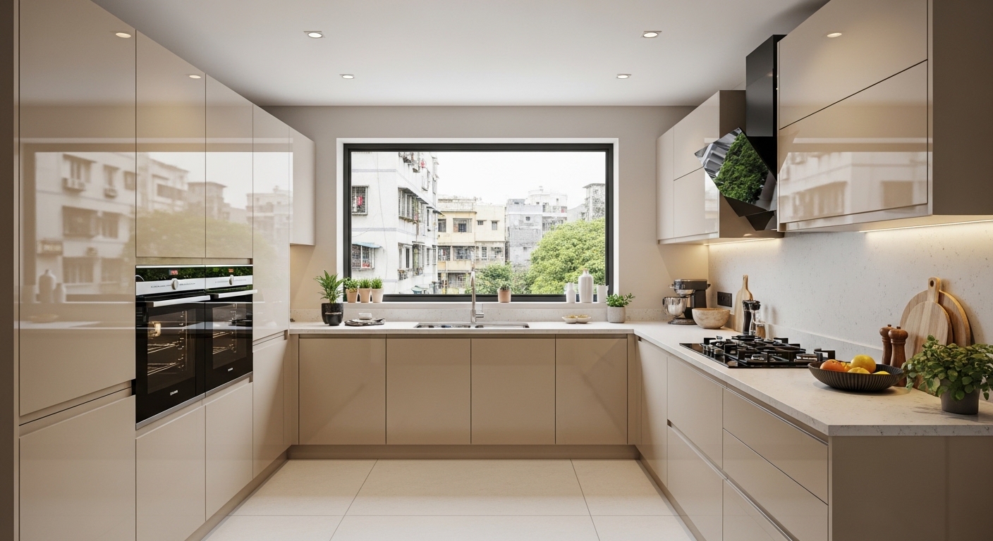Beige Modular Kitchen Design Parallel With Hydraulic Cabinets