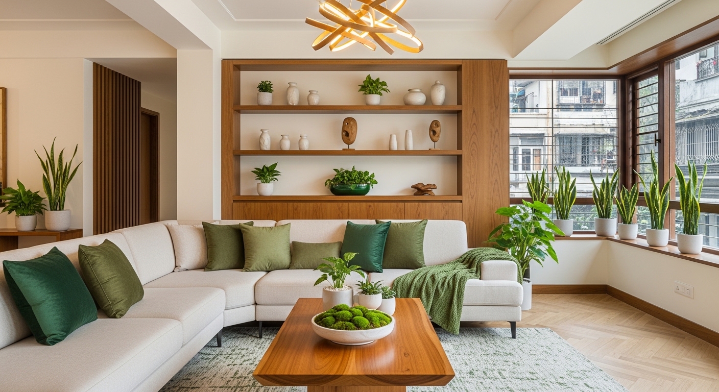 Dominant Ivory-Wooden Hues And Green Accents 
