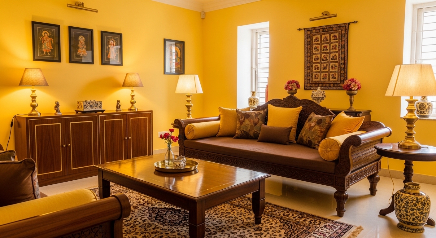 Cheerful Yellow Room Colour With Luxurious Brown Hues
