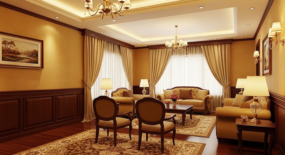 Warm Golden Drawing Room With Elegant Brown Touch