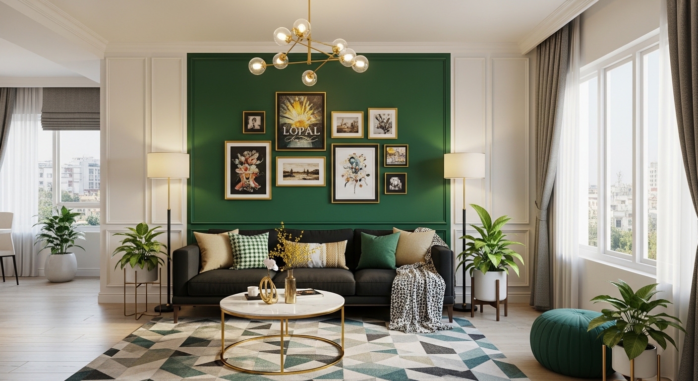 Diamond White Walls With Emerald Green Accent