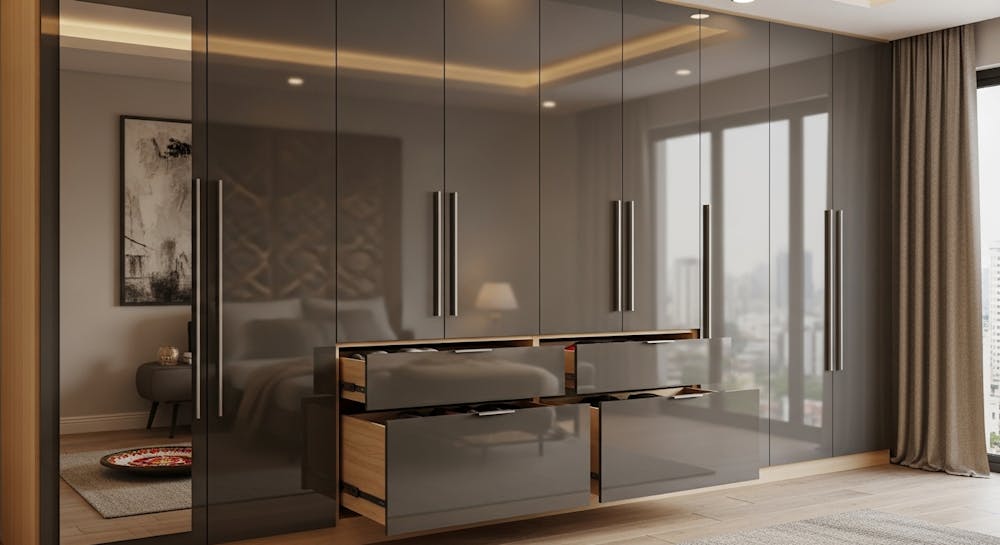 Glossy Fitted Wardrobe With Pull Out Drawers
