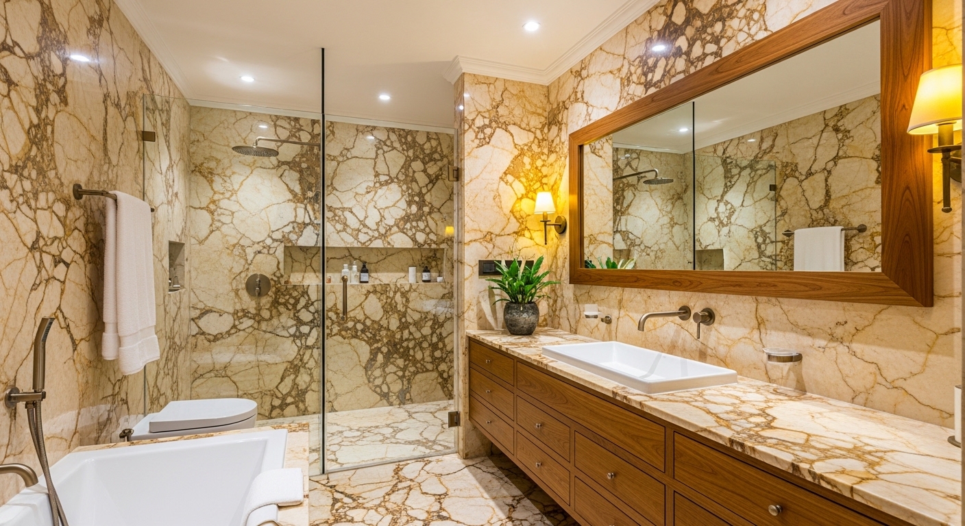 Golden Marble Bathroom with Stylish Wooden Textures