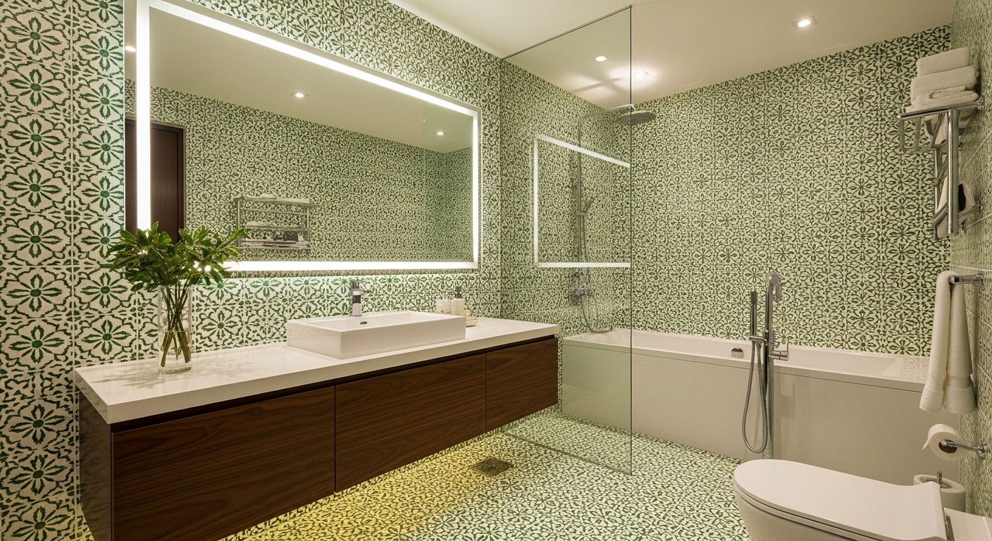 Modern Bathroom Design with Green and White Patterned Tiles