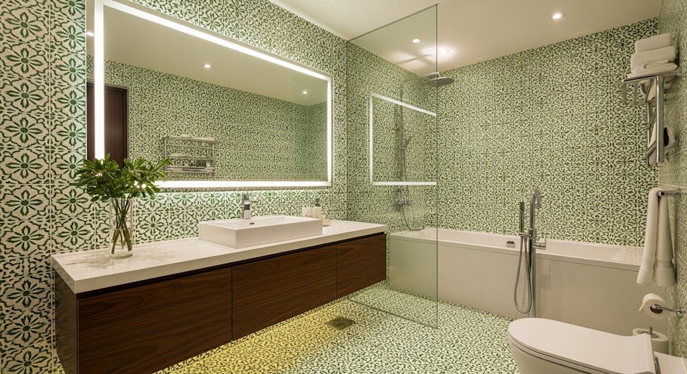 Modern Bathroom Design with Green and White Patterned Tiles