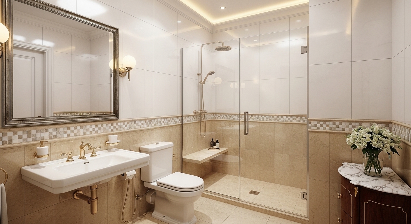 Classic White and Beige Bathroom with Separate Shower Chamber