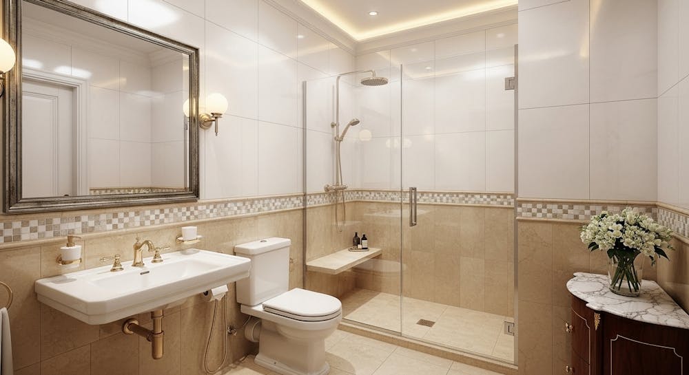 Classic White and Beige Bathroom with Separate Shower Chamber