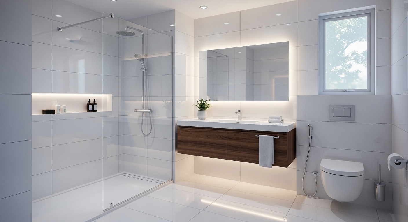 Trendy Bathroom Design with White Ceramic Tiles 