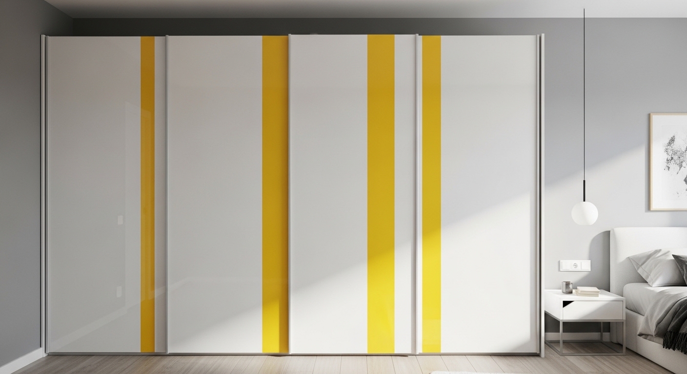 Sliding Lacquered Wardrobe In Glossy White Color With Yellow Tones In-Between