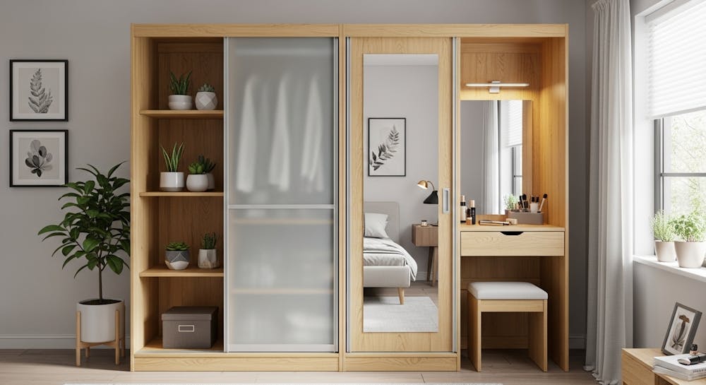 Sliding Wooden Wardrobe With Dressing Table And Glass Showcase
