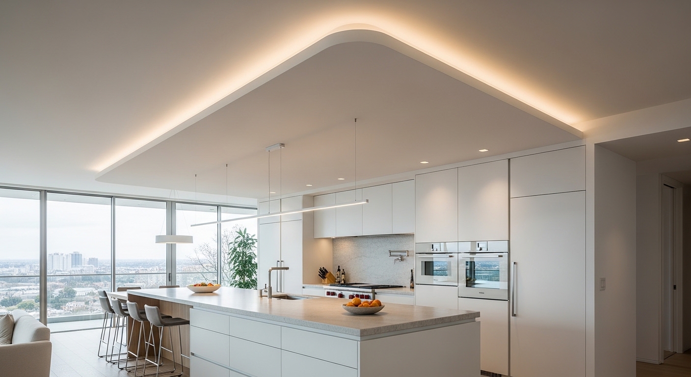 Open Kitchen Design with Seamless Ceiling Flow