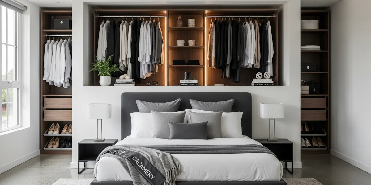 Open Plan Wardrobe Behind the Bed