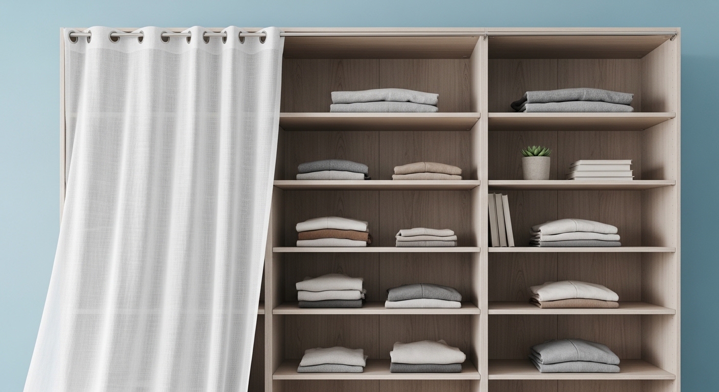  Open Wardrobe with Shelves and Fabric Curtain