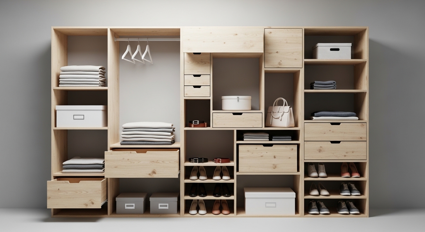 Open Closet Organizer with Modular Boxes