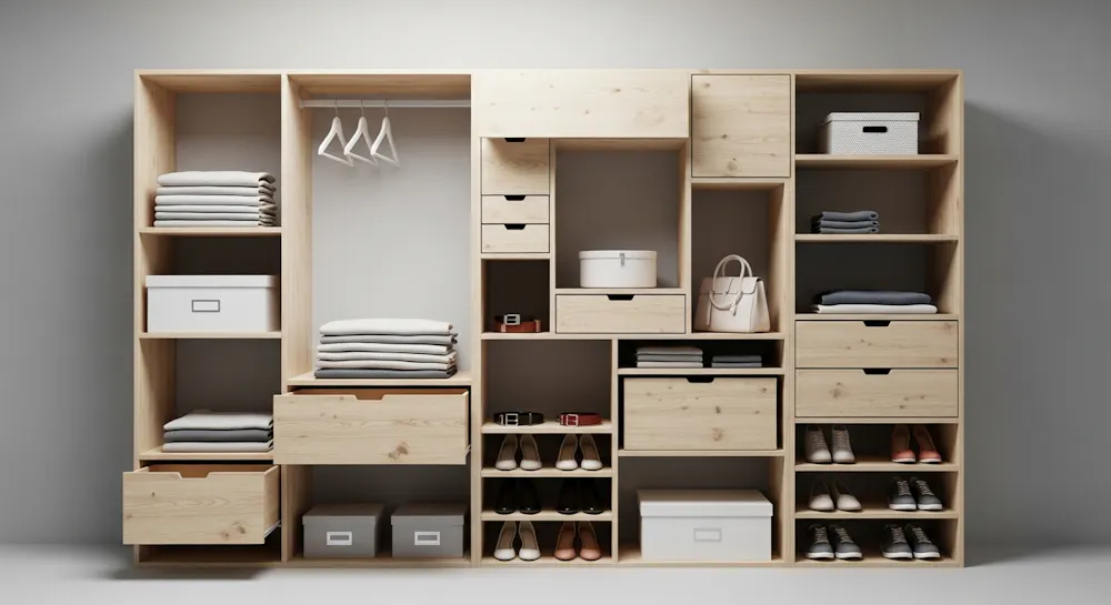 Open Closet Organizer with Modular Boxes