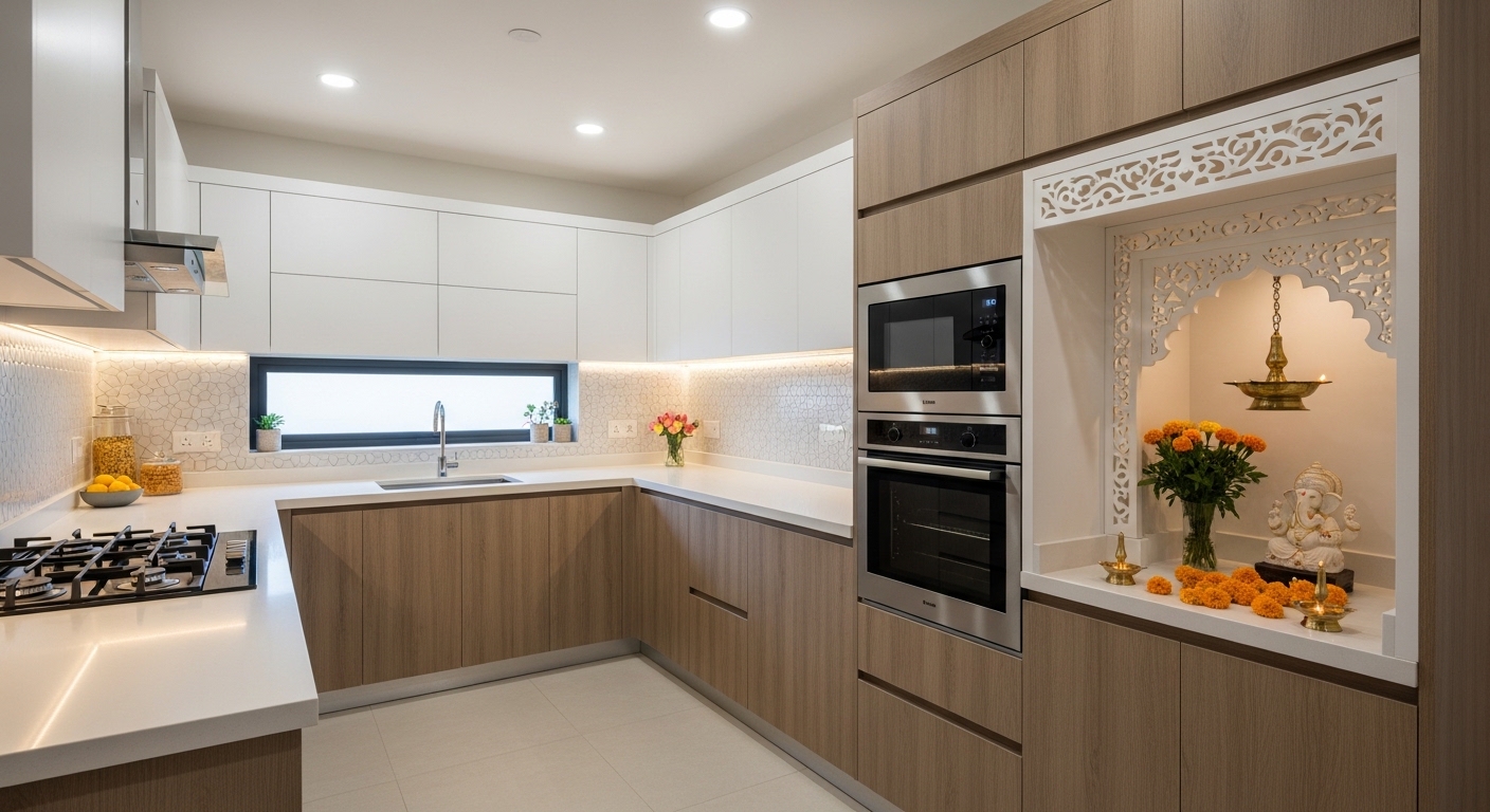 The Vastu-Friendly Modular Kitchen With Pooja Shelf