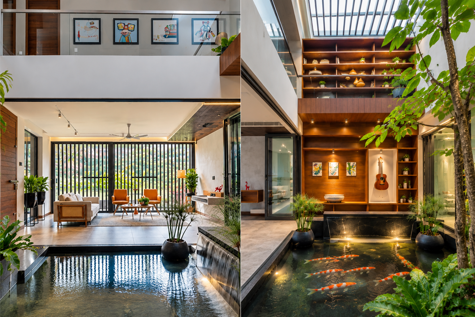 Luxury modern home interior with indoor reflecting pool, koi pond, open living area, and floor-to-ceiling windows surrounded by greenery.
