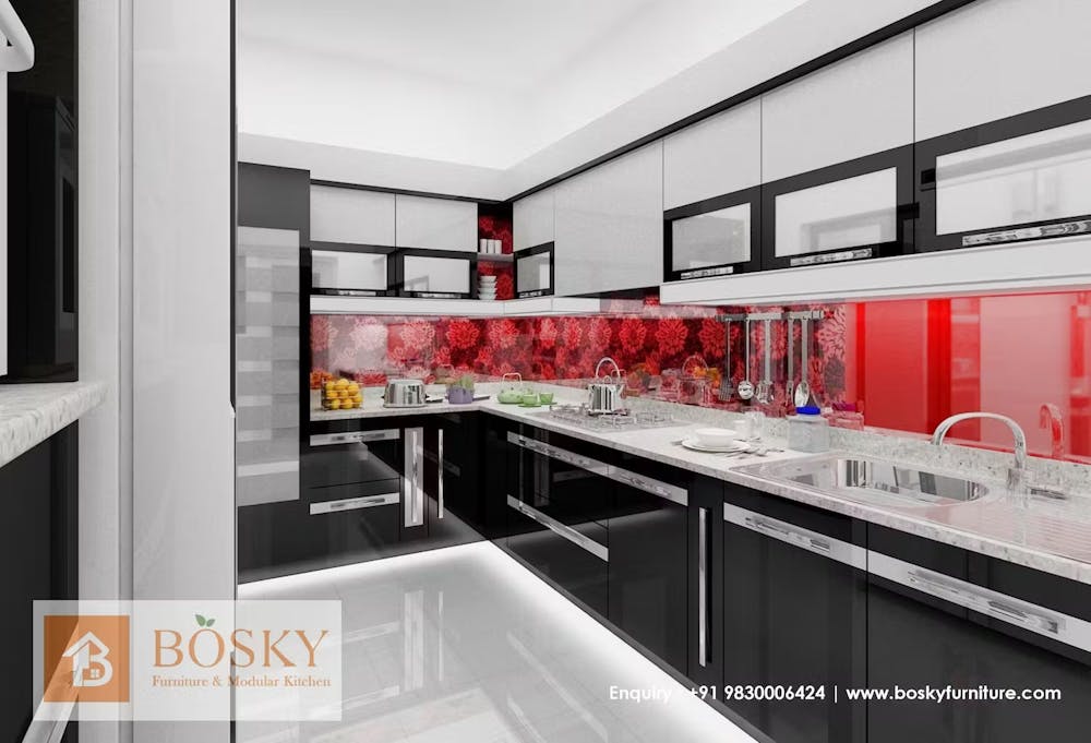 Luxurious modern L shaped black and red kitchen