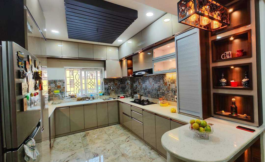 Open shelves with decorated lights