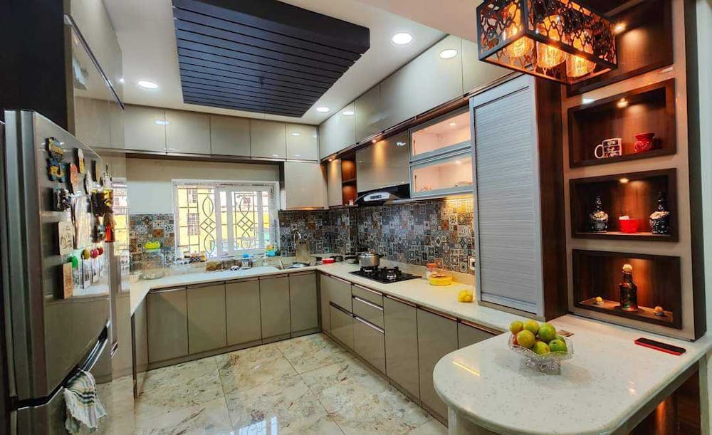 Open shelves with decorated lights