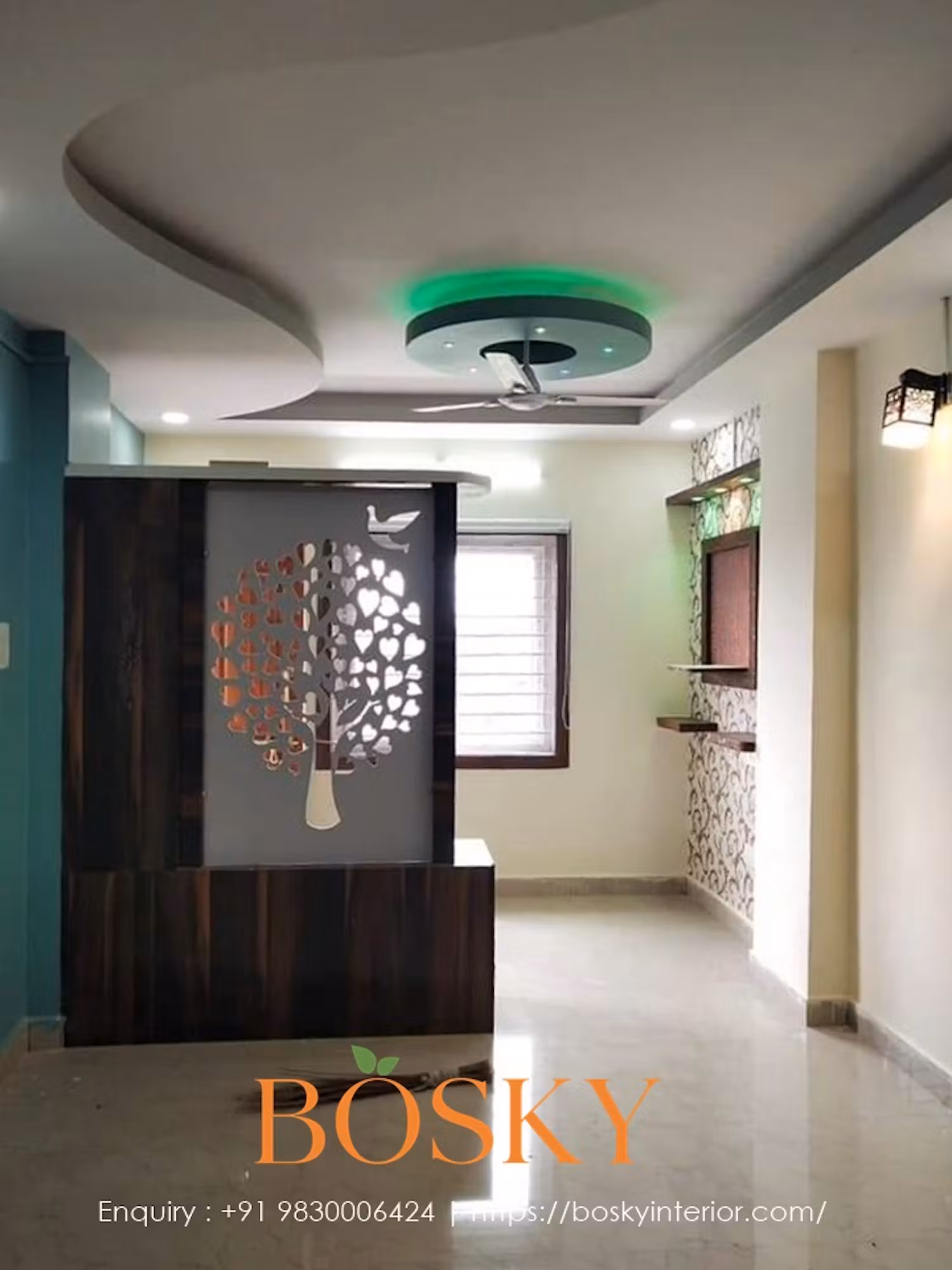 A designed wooden partition in the dining and living room