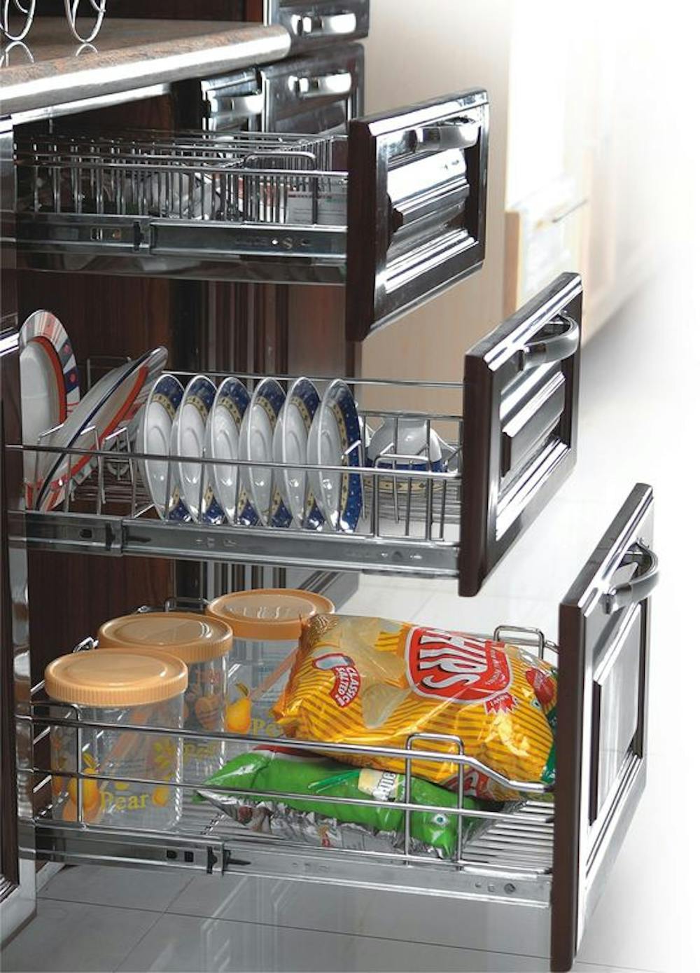 Metallic plate keeping pull-out kitchen trolley drawers
