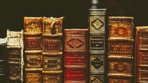 closeup of old books in row