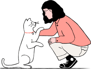 Cartoon person having a special moment with cat