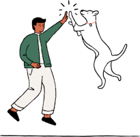 Cartoon Human giving a dog a high five. 