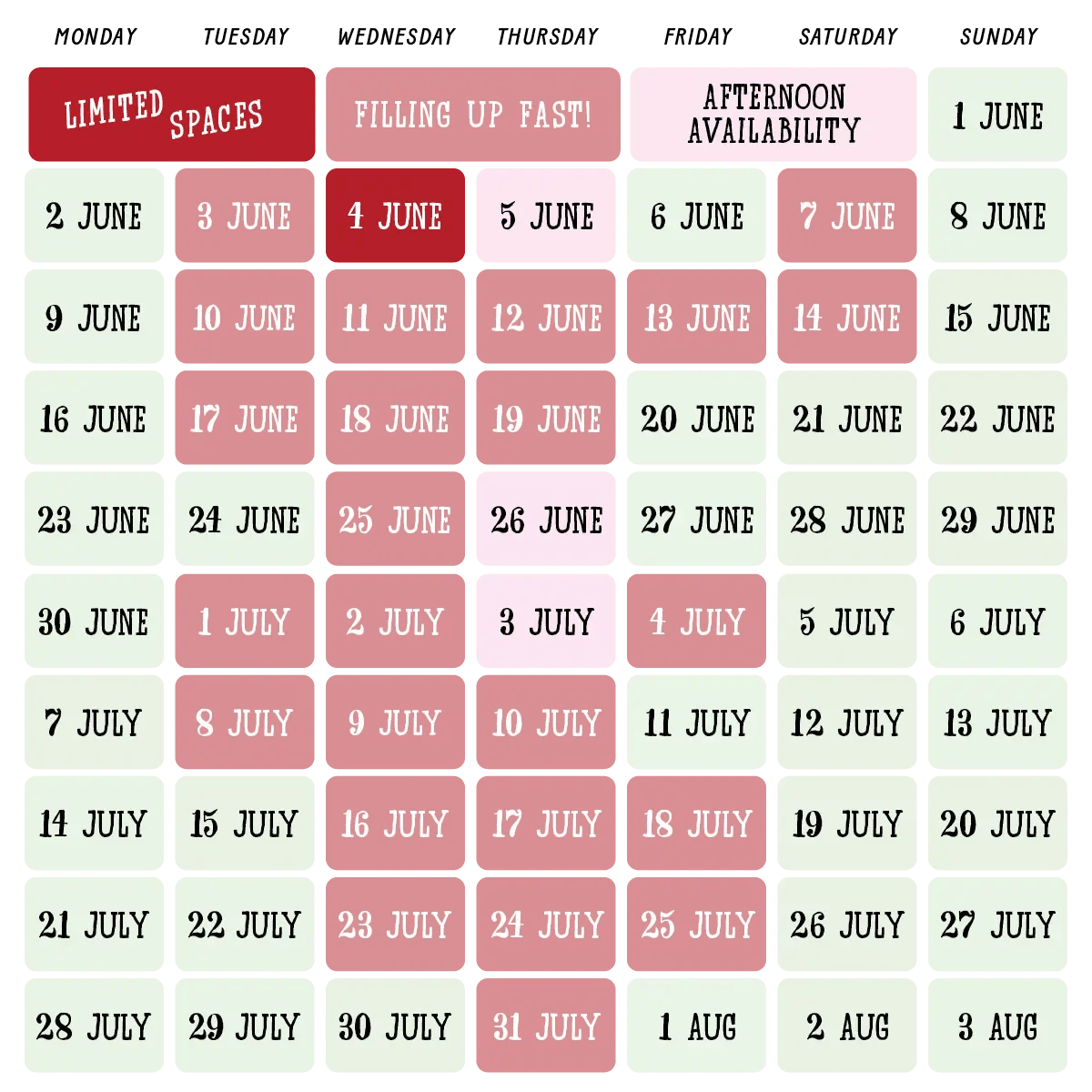Availability Calendar 2025