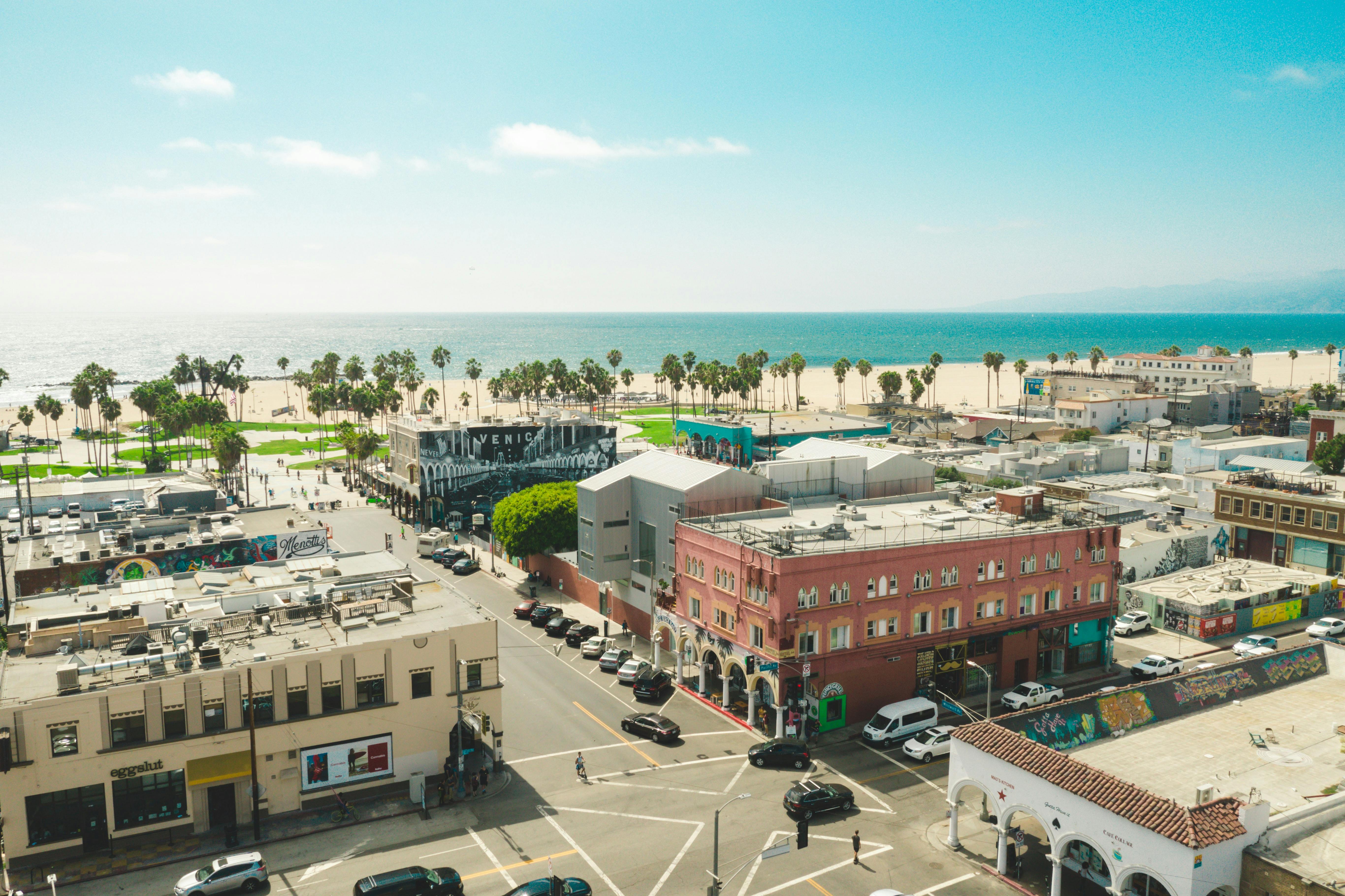 view of beach over buildings