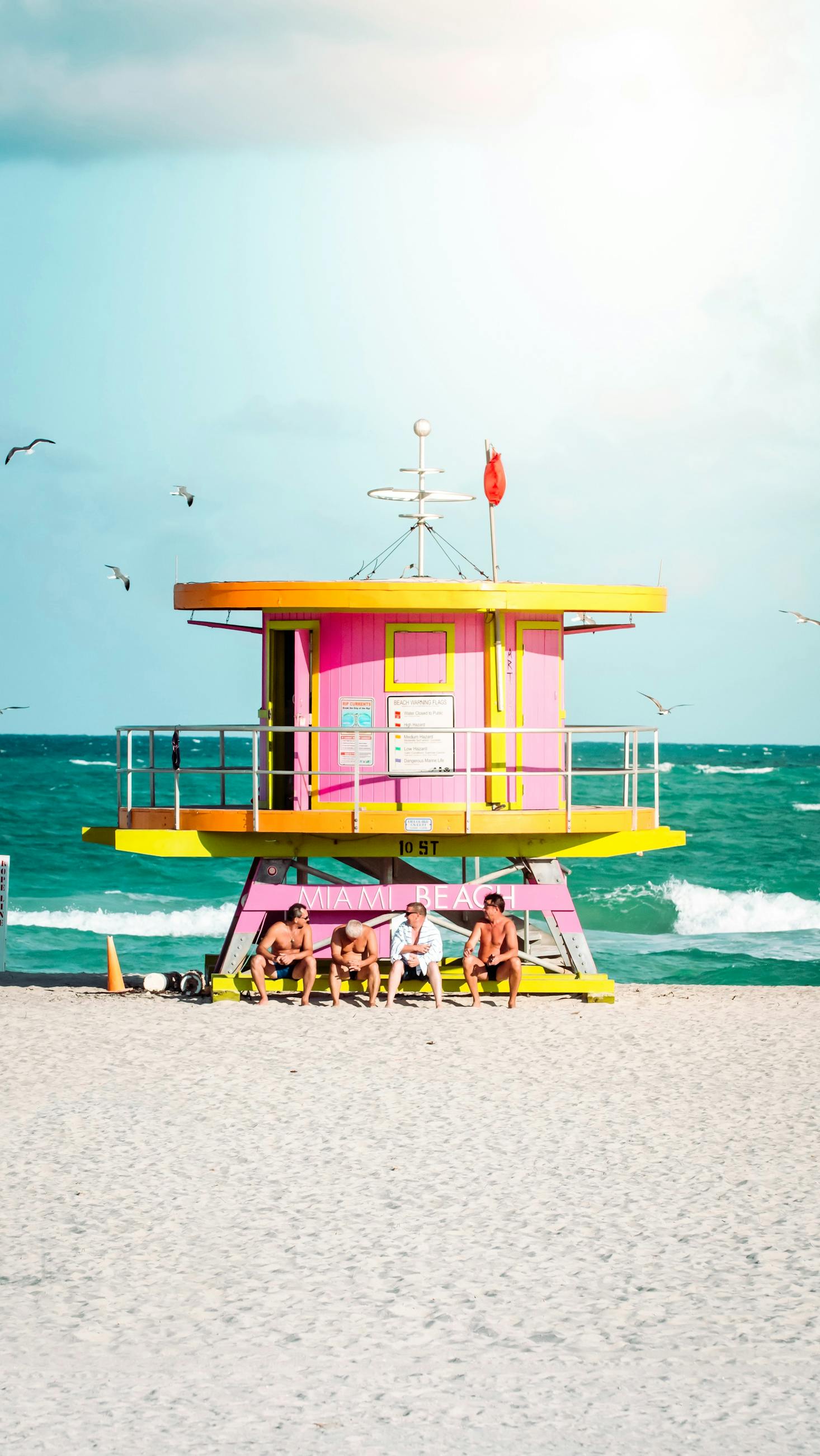 A lifeguard tower in South Beach, Miami, on clear day