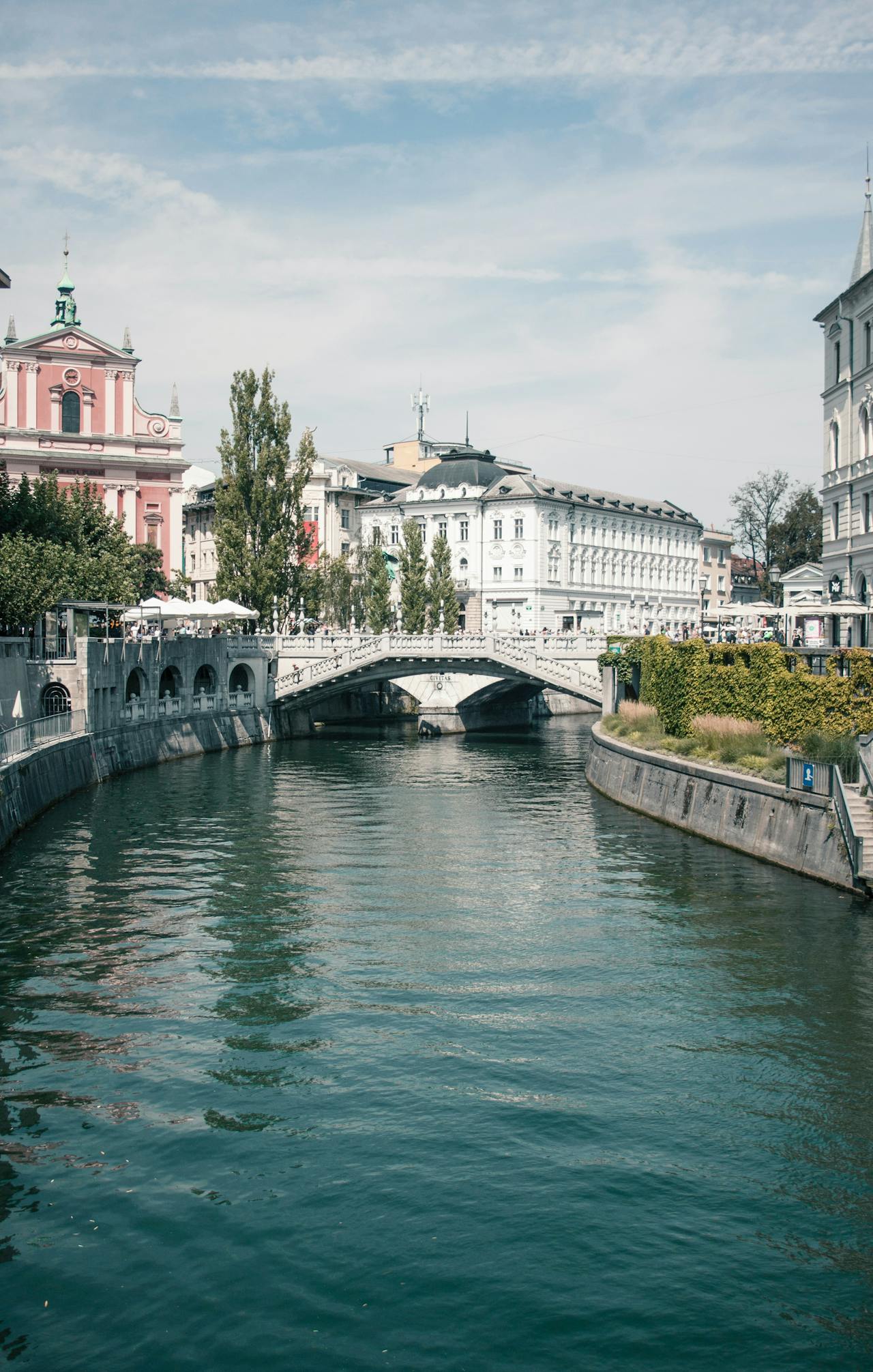 River in Ljubljana with greenery and stately buildings River in Ljubljana with greenery and stately buildings