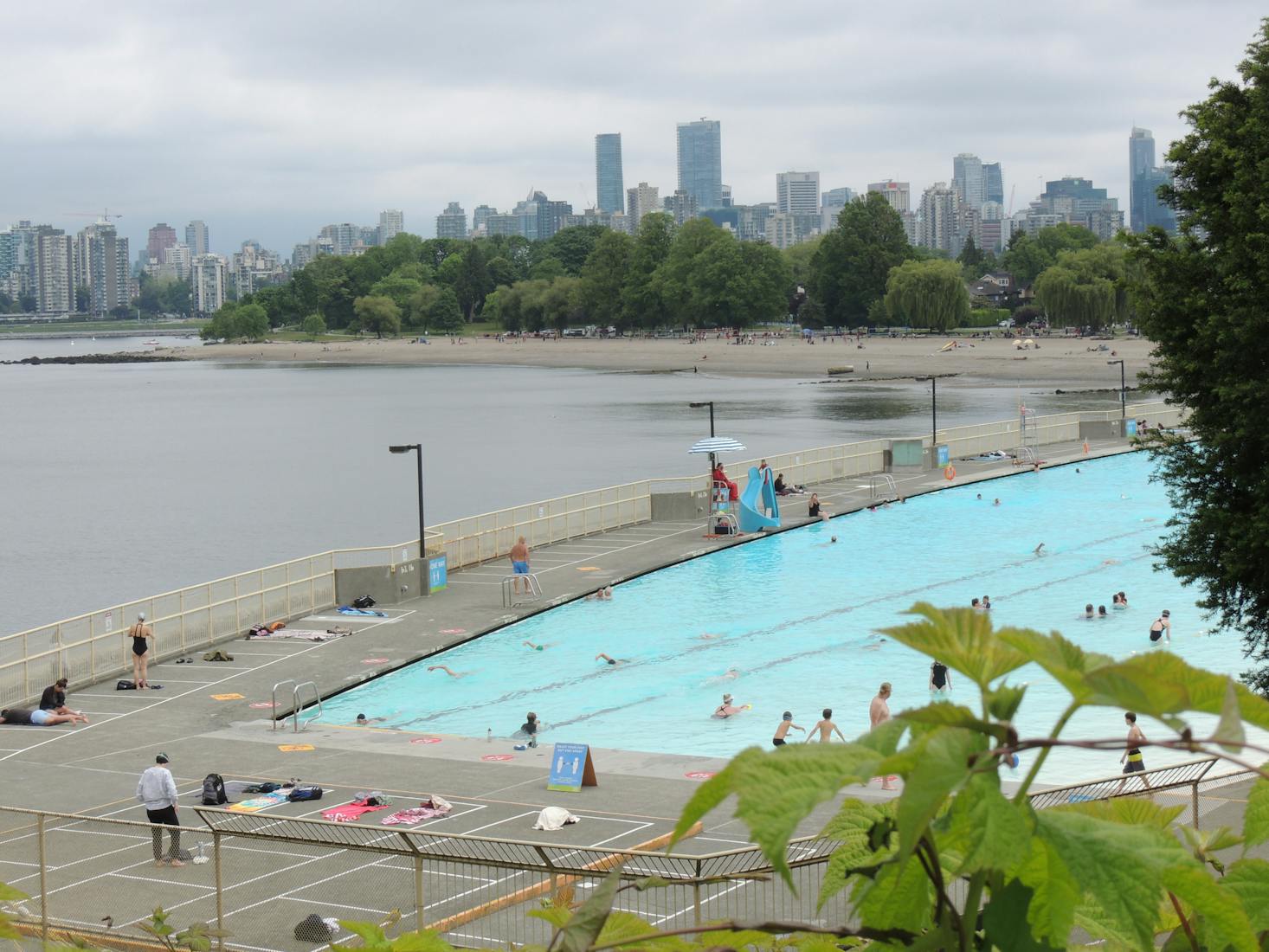Swimming pool with skyline view of Vancouver