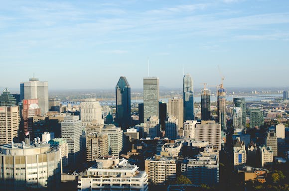 Aerial view of downtown Montreal with tall buildings