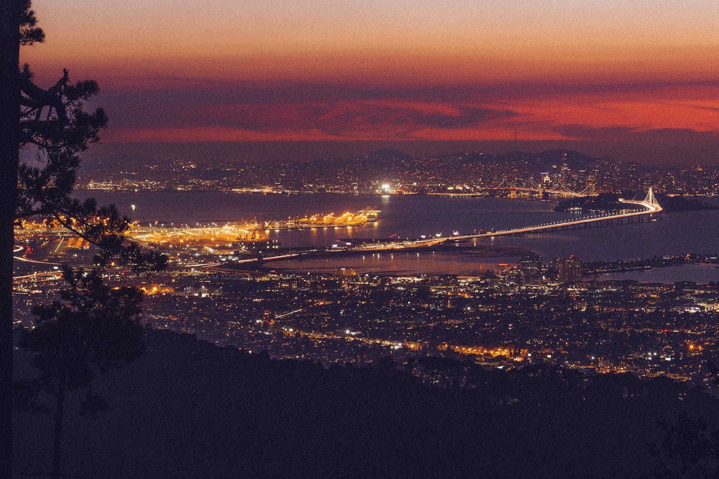 Aerial view over Oakland at sunset