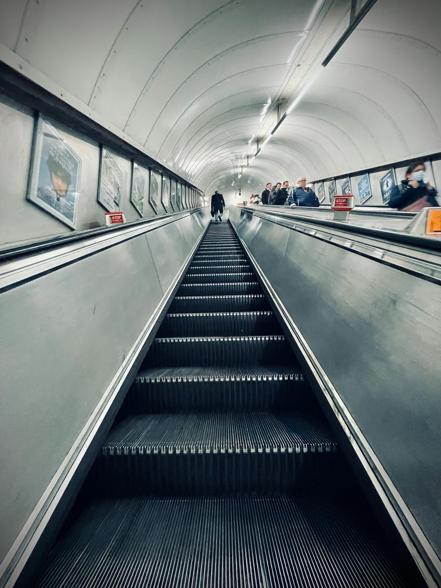 A long escalator at London's Euston Station