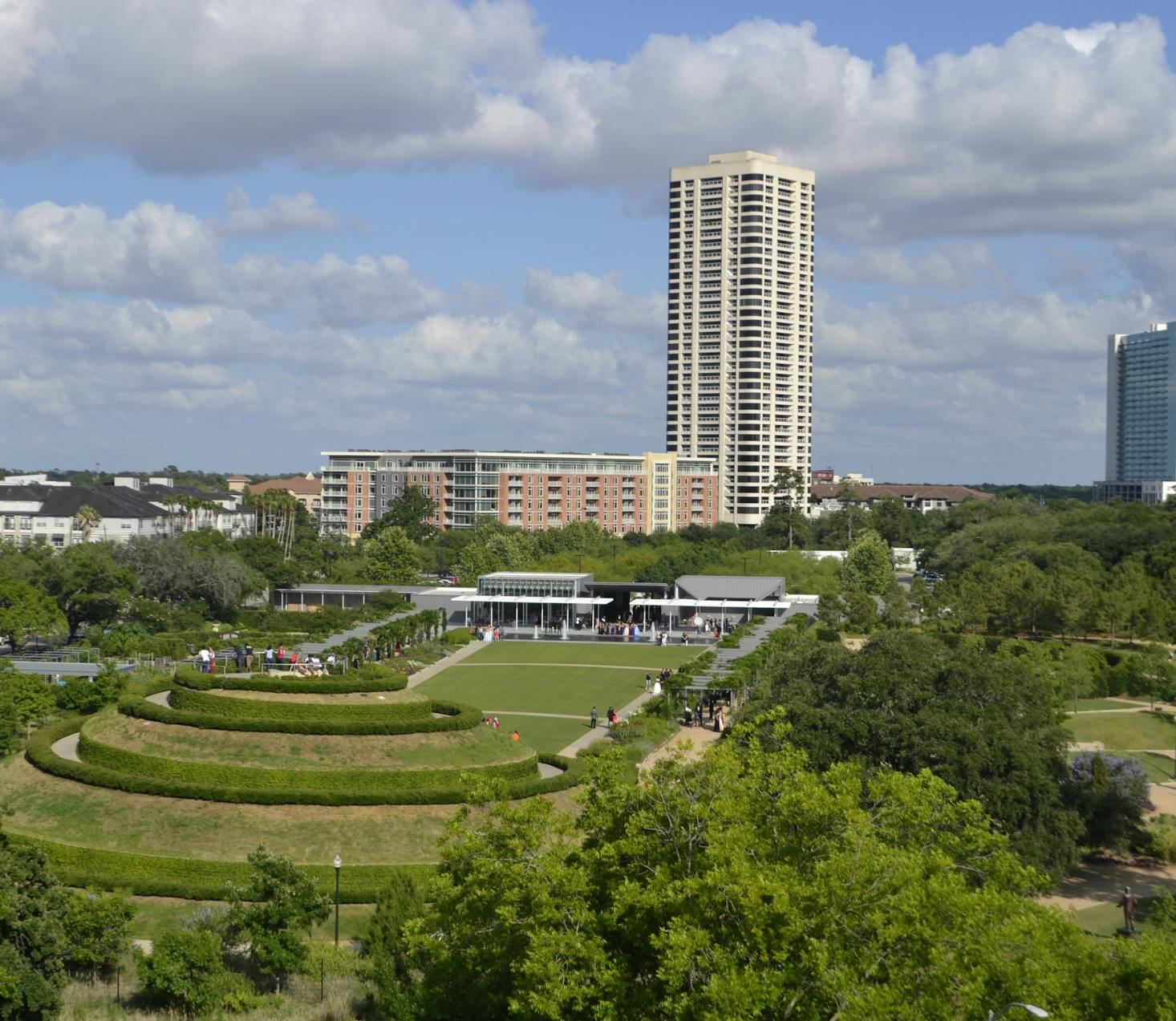 The skyline of Houston, Texas, with a large green park in front