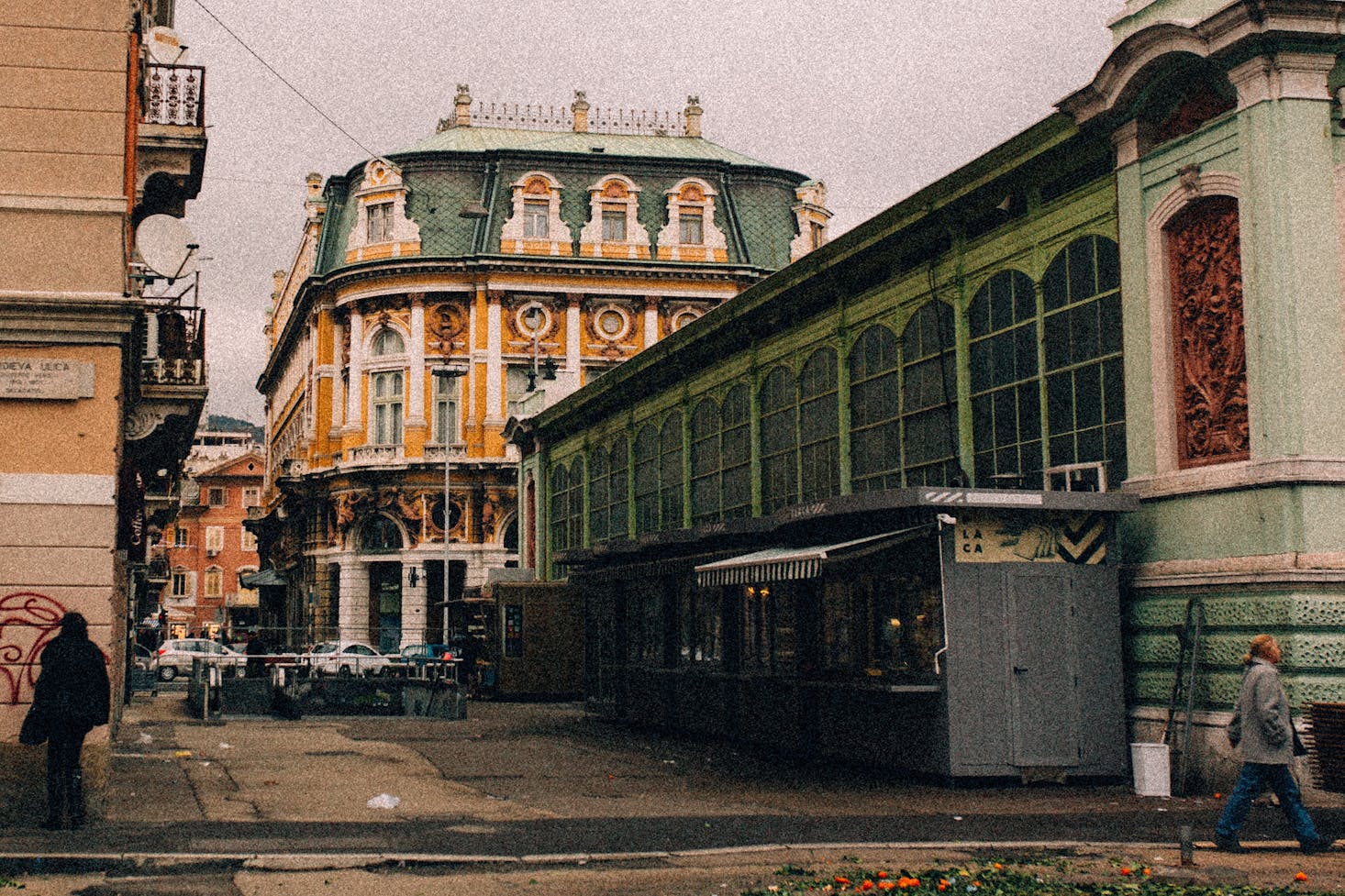 Historic buildings in the town center of Rijeka, Croatia on a cloudy day