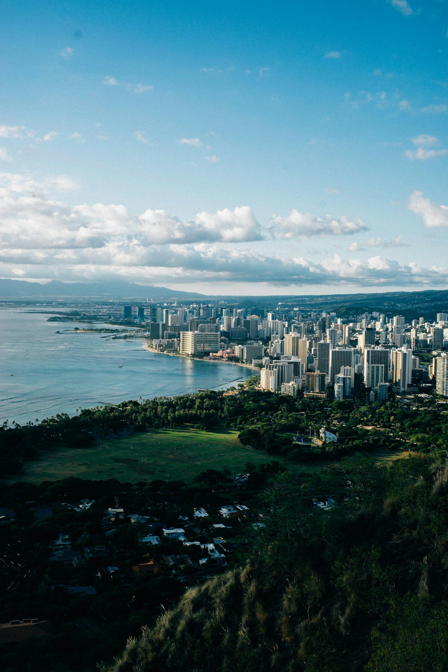 Aerial view of Honolulu with skyscrapers, parks, and beach