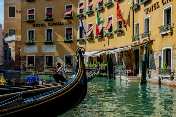 Gondolas in front of hotel in Venice