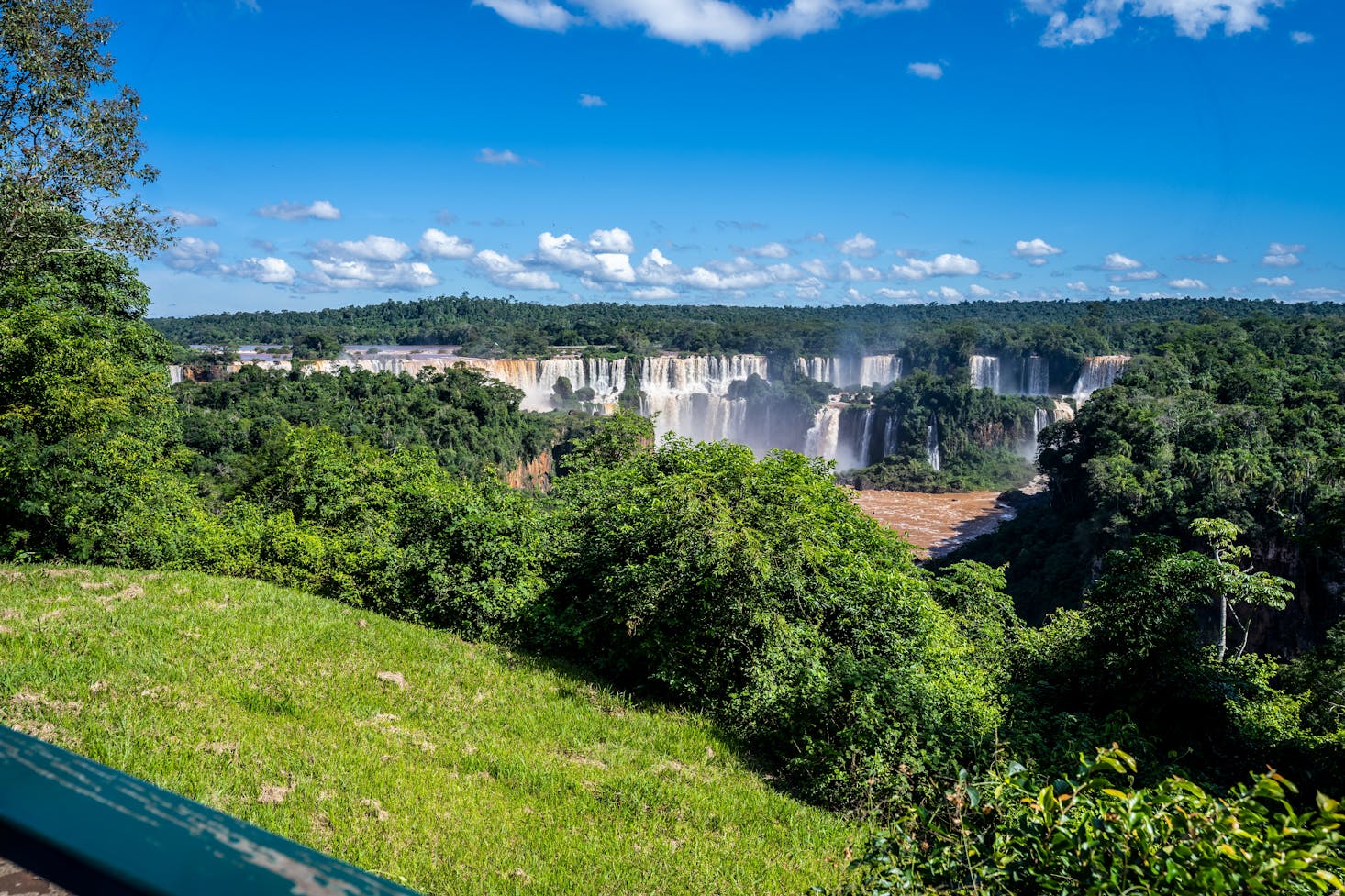 The waterfalls of Foz do Iguacu cascade under a blue sky