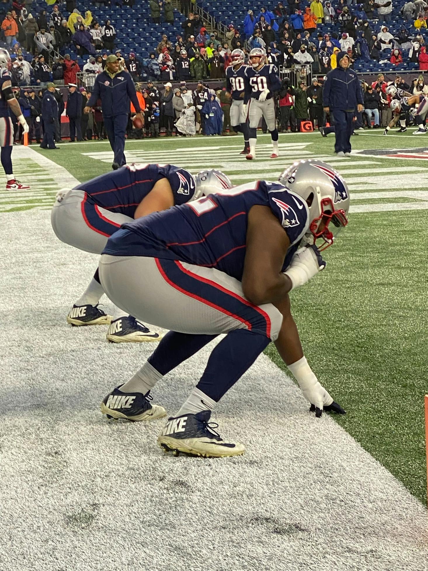 New England Patriots players during a game at Gillette Stadium