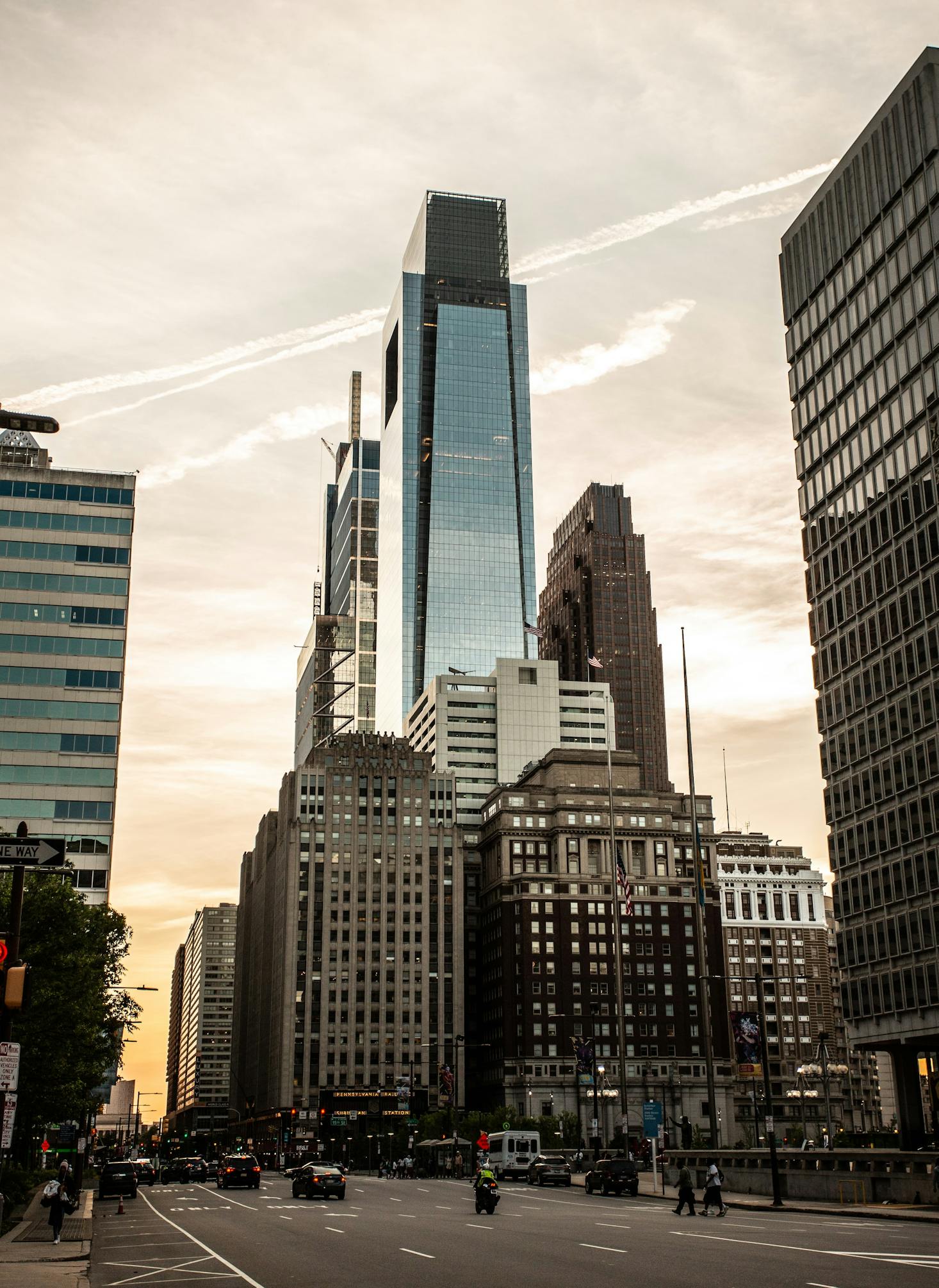 Sunset behind skyscrapers in Philadelphia
