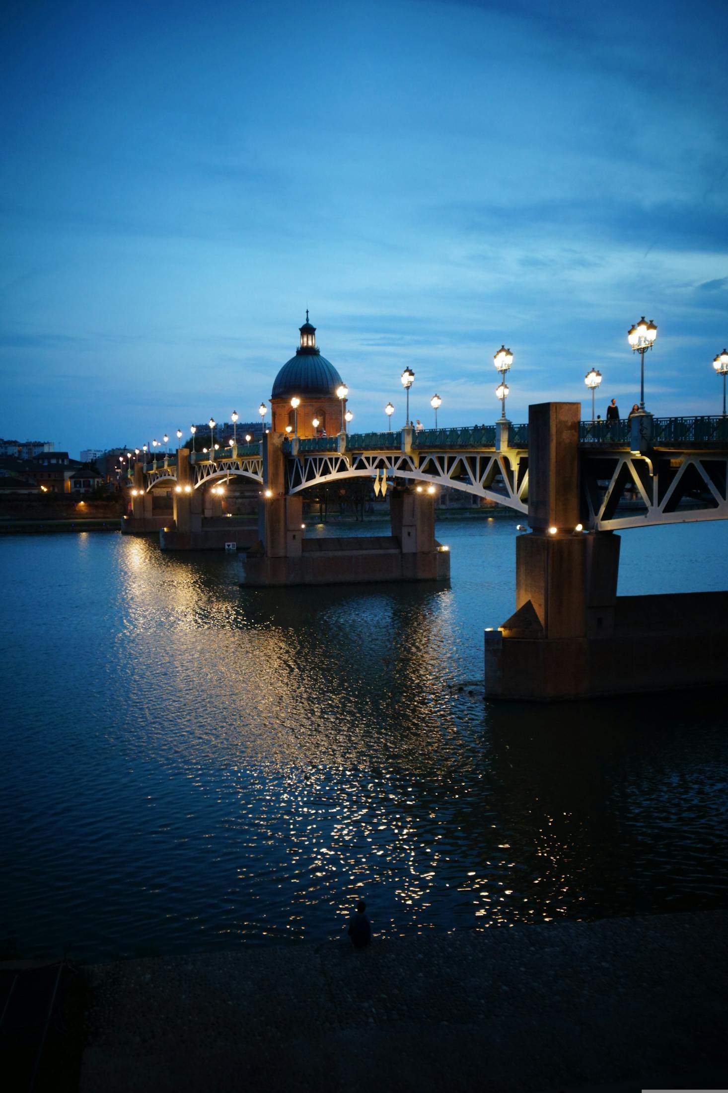 Bridge lit up by street lights in Toulouse at dusk