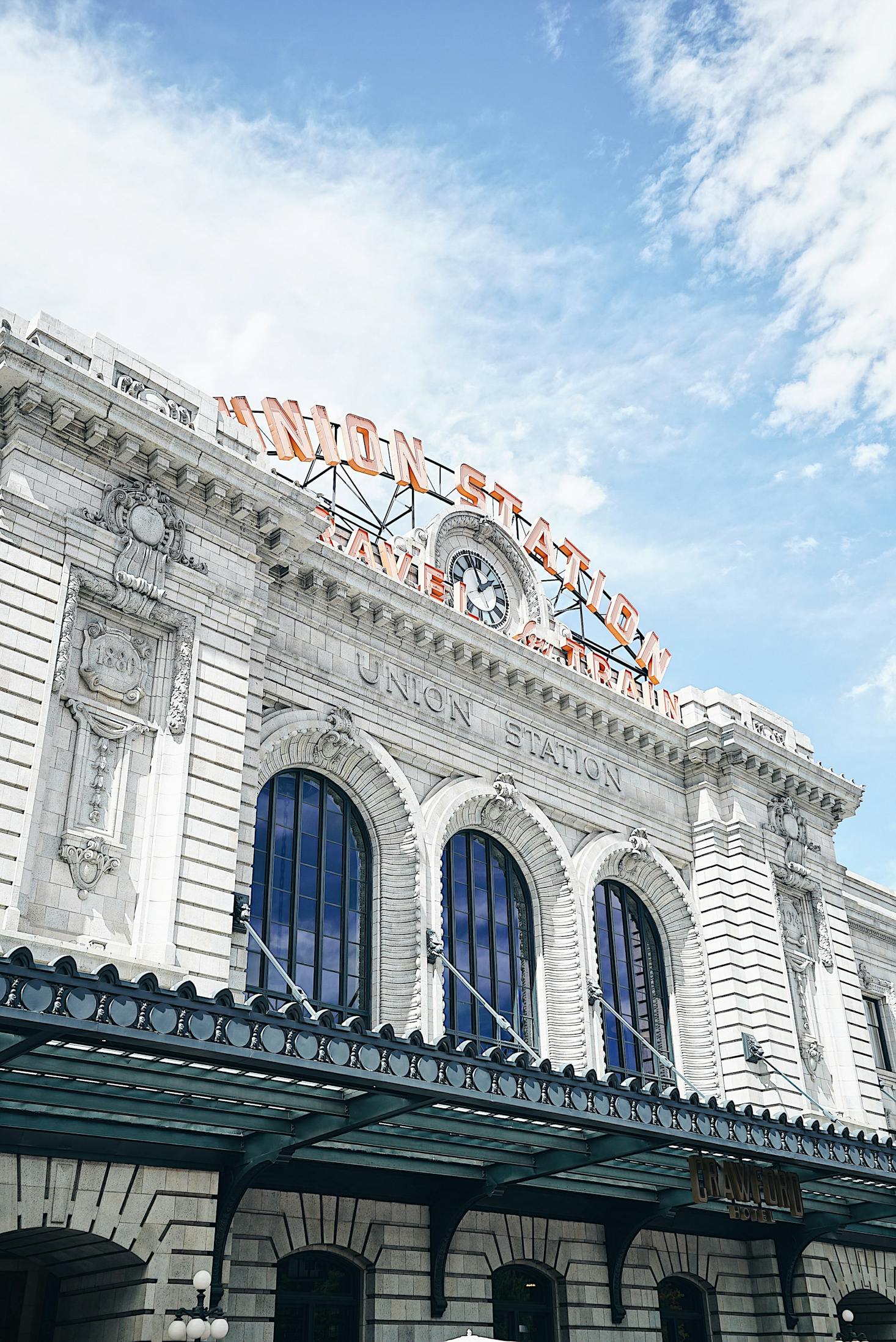 Union Station is framed by the sky in Downtown Denver, Colorado