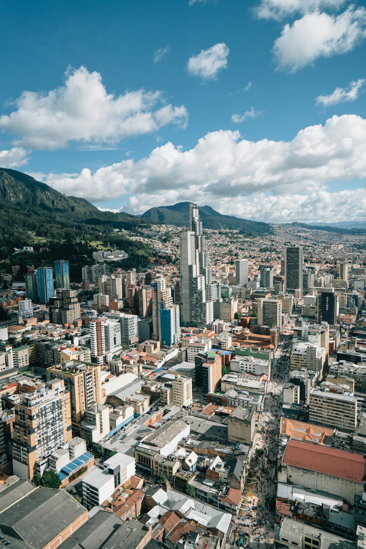 An overhead view of Bogota with many buildings on a sunny day